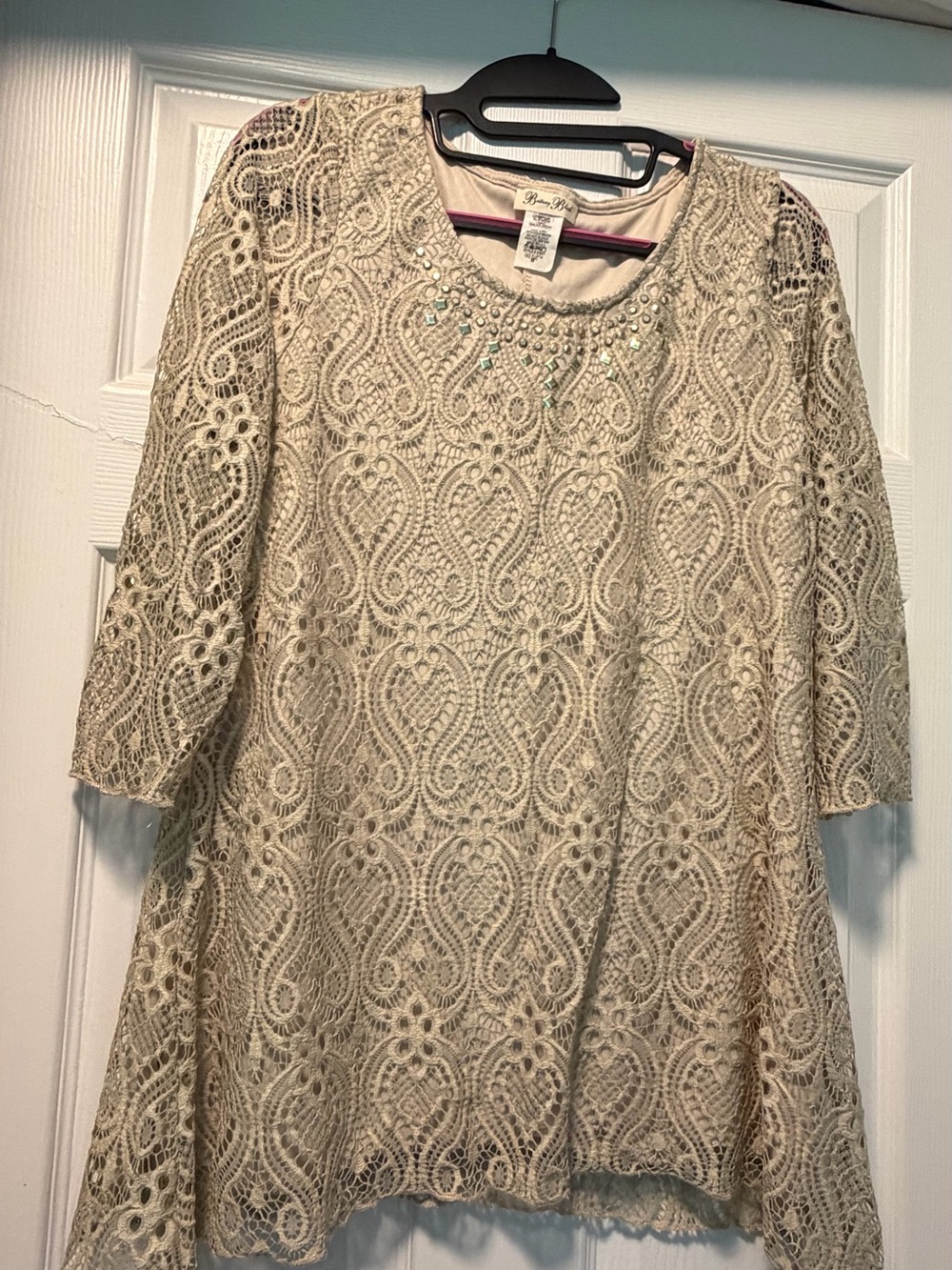 Brittany Black Medium Cream/Gold Lace Scoop-Neck Women's Top with gems Delicate